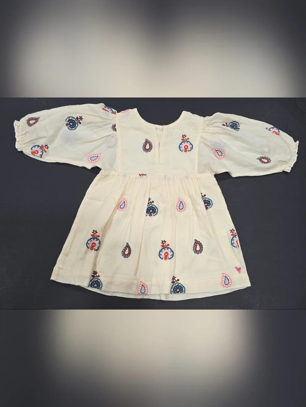 Pink Chicken Ava Bella Cream Embroidered Puff-Sleeve Dress w Multicolor Motifs